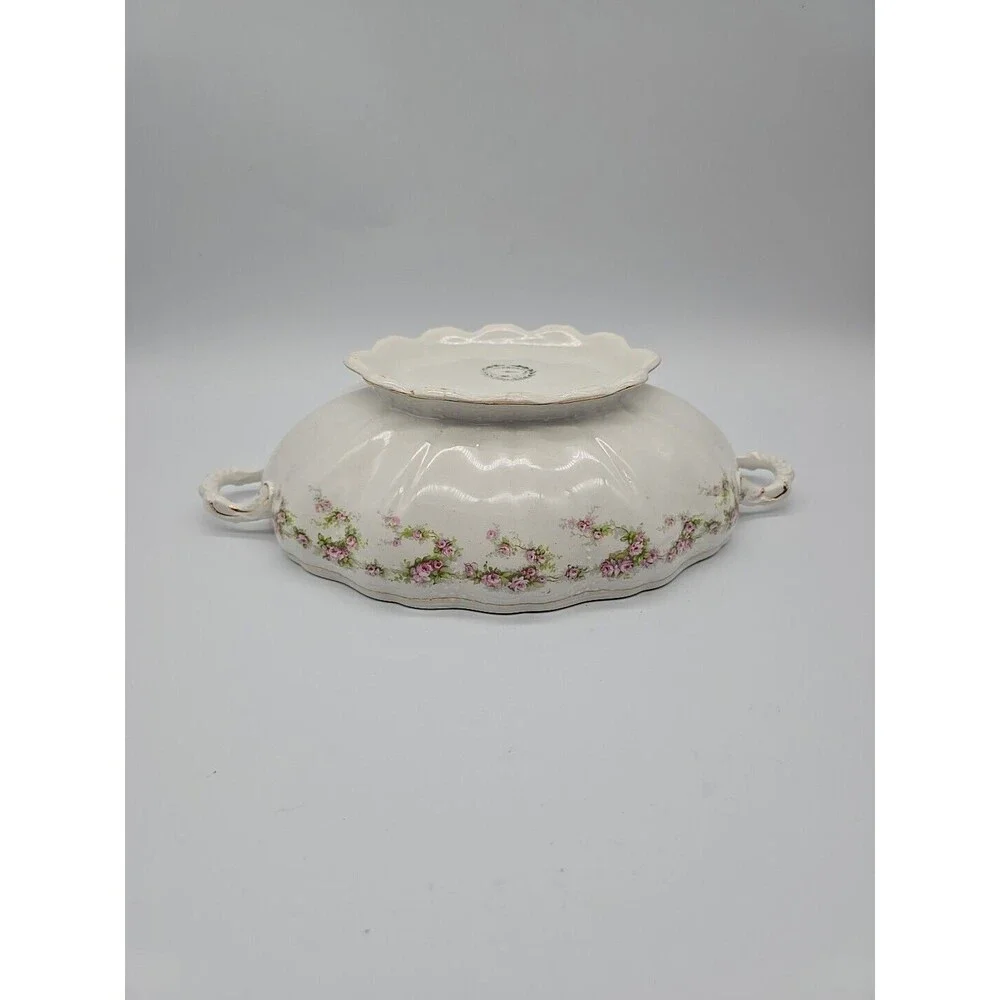 Vintage Dresden Semi Porcelain Two Handle Serving Bowl Rosesand Gold Trimmed